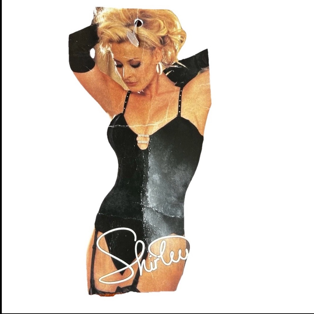 NWT Shirley Of Hollywood Velvet Black Corset with Rhinestone And Thong Sz 36